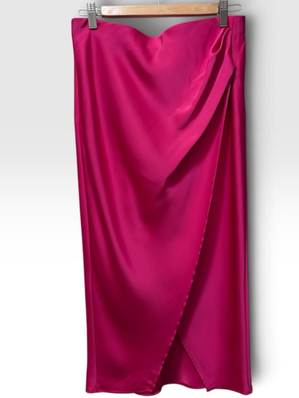Rachel Zoe Hot Pink Satin Faux Wrap-Front Midi Skirt Sz Medium